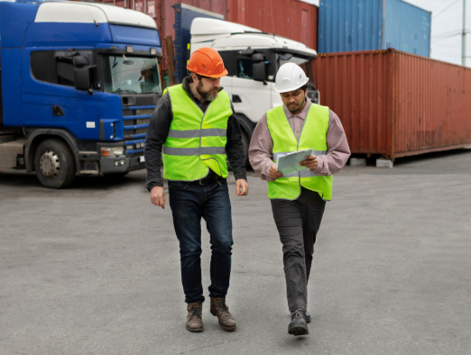 two men in vests and hardhats at a storage container yard